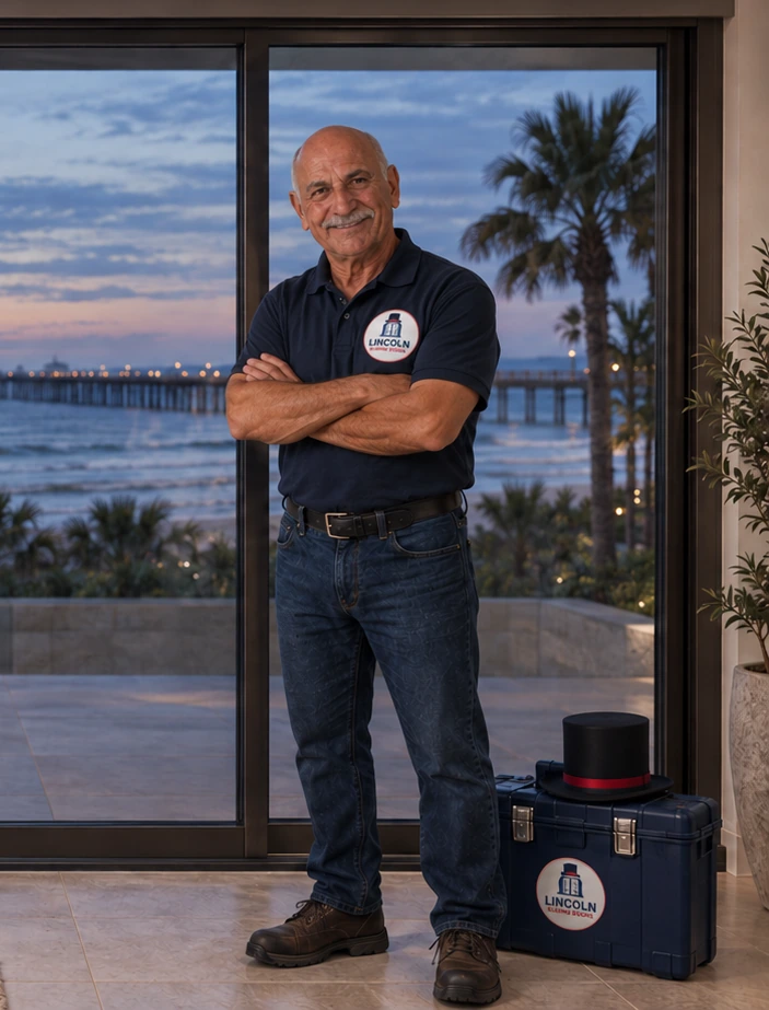 Eric Herman, founder of Lincoln Sliding Doors, by an oceanfront sliding glass door