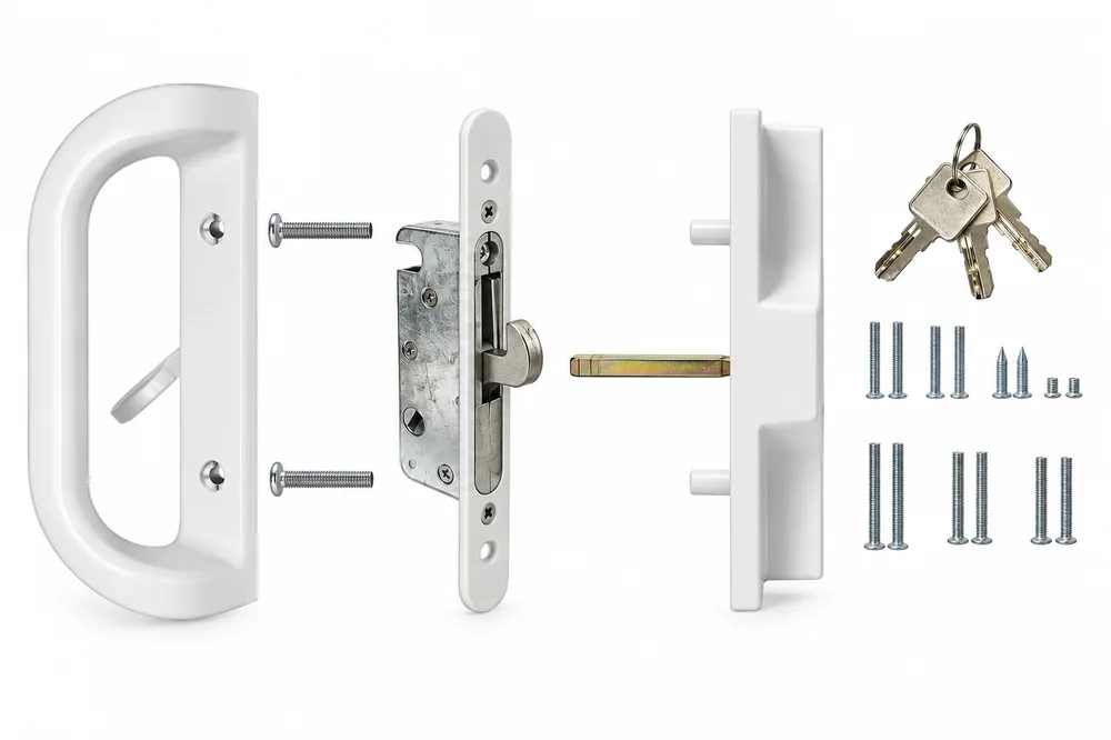 Sliding door handle and lock components laid out