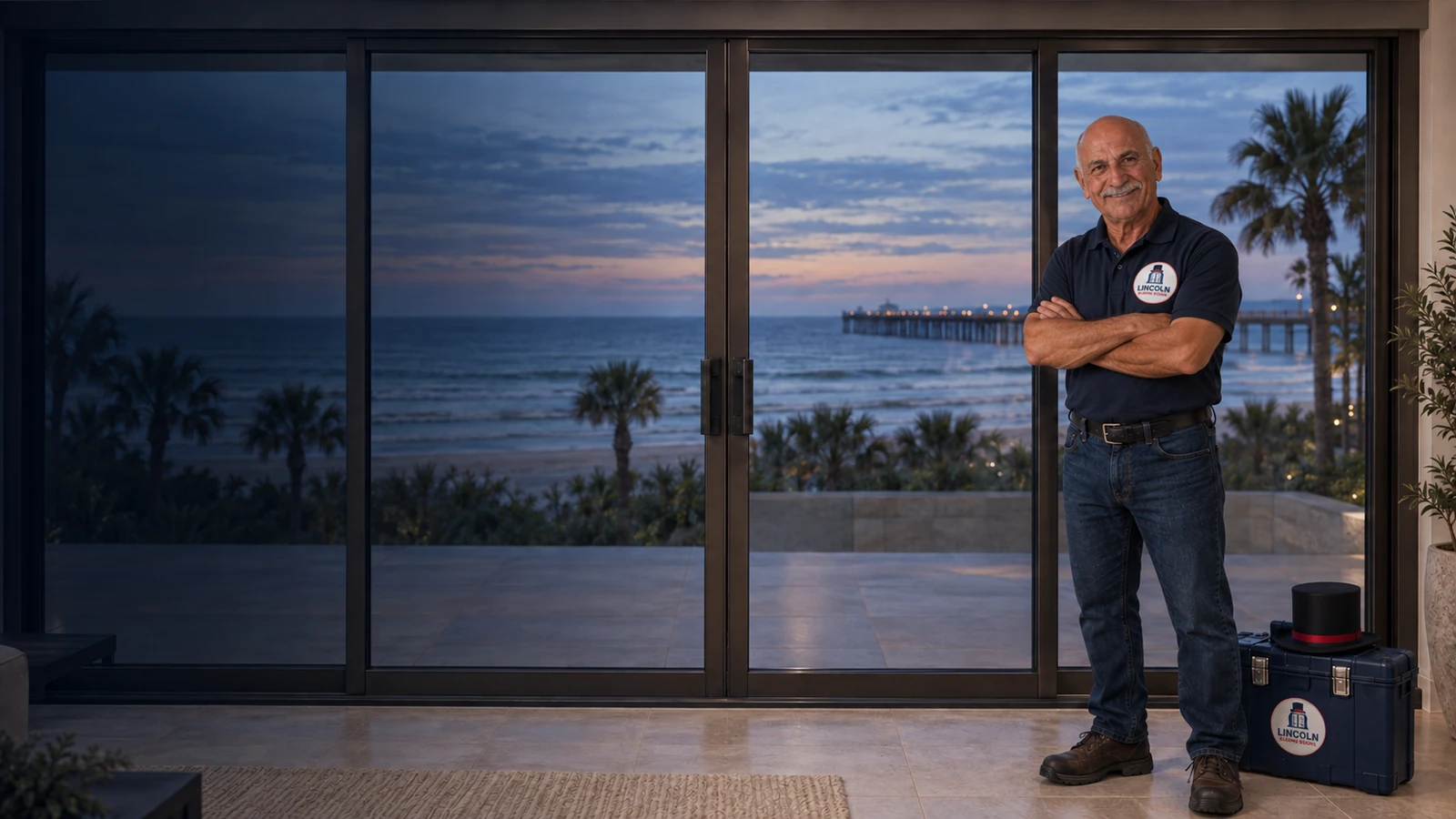 Lincoln Sliding Doors technician beside a large oceanfront sliding glass door in Daytona Beach at dusk