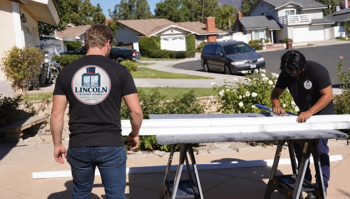 Lincoln Sliding Doors technicians working on a sliding door on site