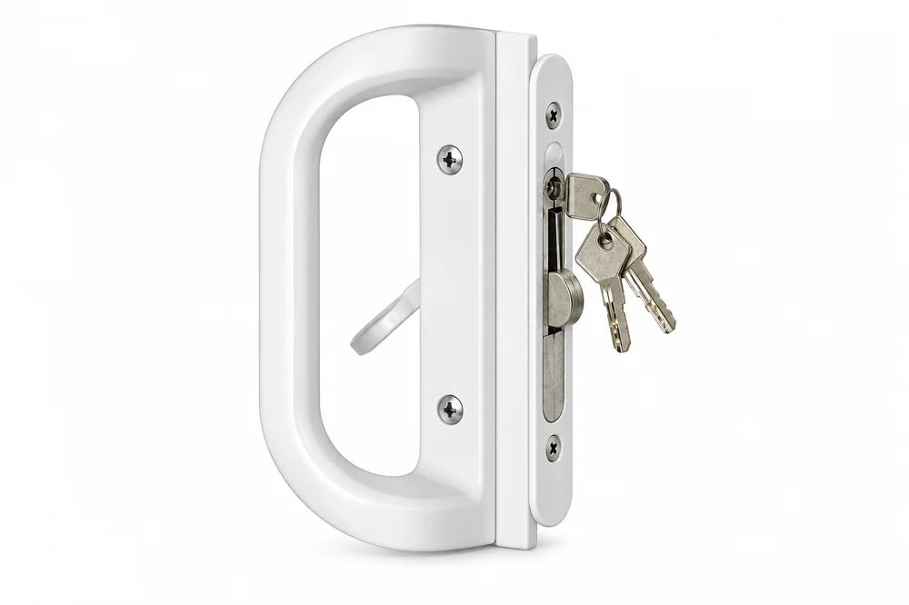 Sliding door lock and handle set with keys
