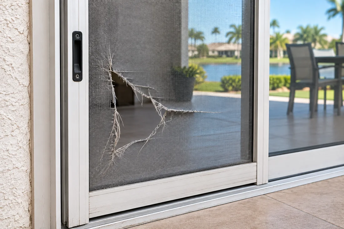 Sliding screen door with torn mesh