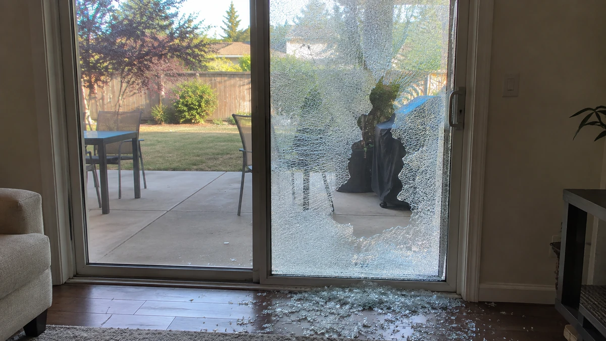 Sliding glass door in a living room opening onto a patio