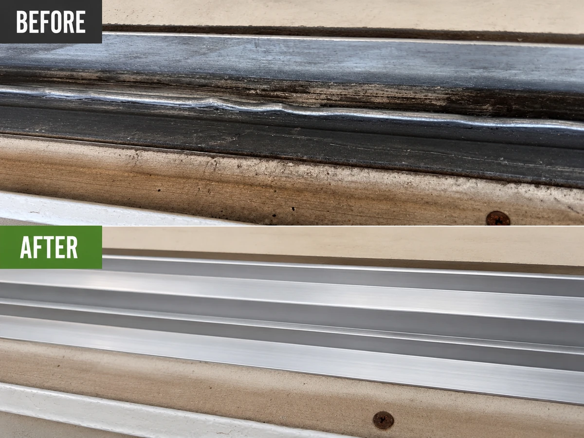 Before and after of a worn sliding door track restored with a new track cap